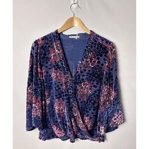 Floreat Blouse Womens Medium Blue Burnout Velvet Floral Wrap Top Surplice Boho